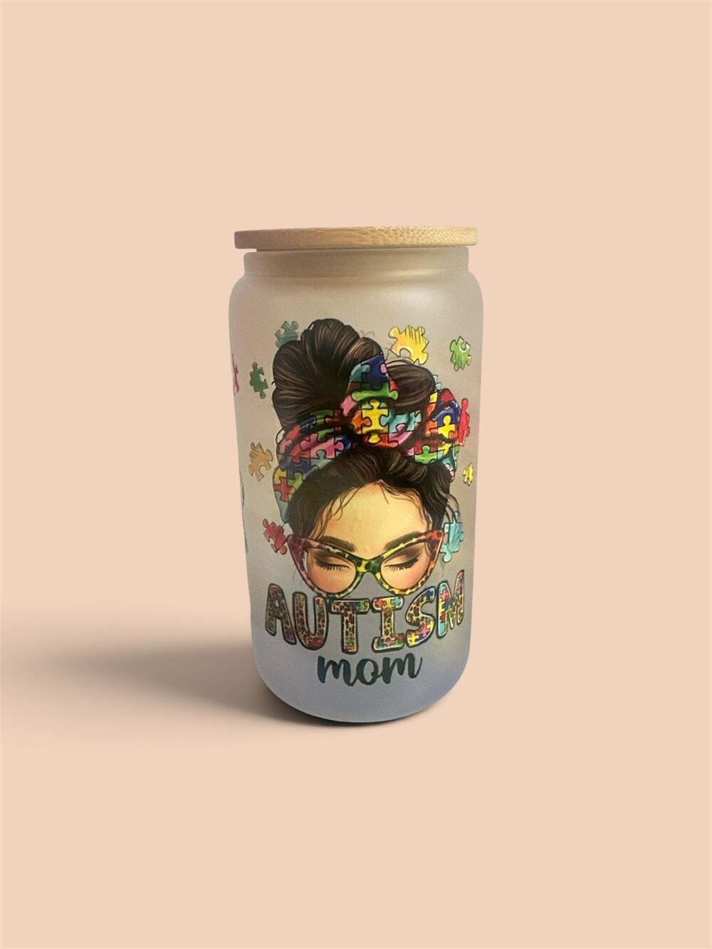 Autism Mom Frosted Glass Can Tumbler with Bamboo Lid and straw